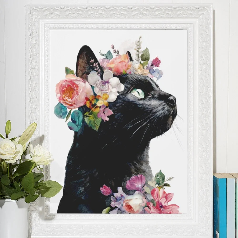 Watercolor Black Cat With Flowers Portrait Wall Art Print Unframed - Picture 5 of 6